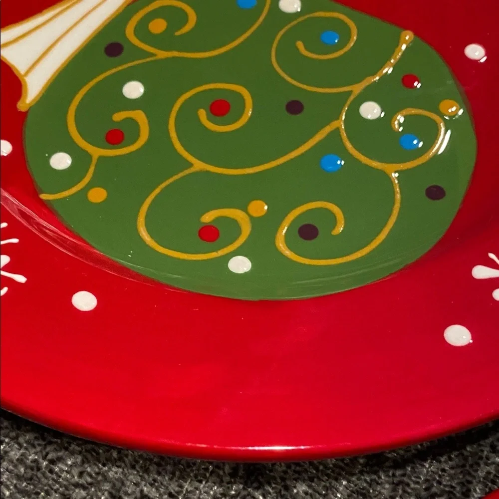 Pier 1 Festive Red and Green Holiday Plates “Decorations”. Ceramic. Set of 3.